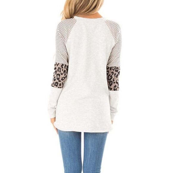 Boho Long Sleeve Leopard Color Block Tunic Shirt Top - Picture 3 of 8
